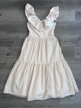 ENGLISH FACTORY Tiered Midi Dress Small Cream Ruffle Pockets Cottagecore Boho